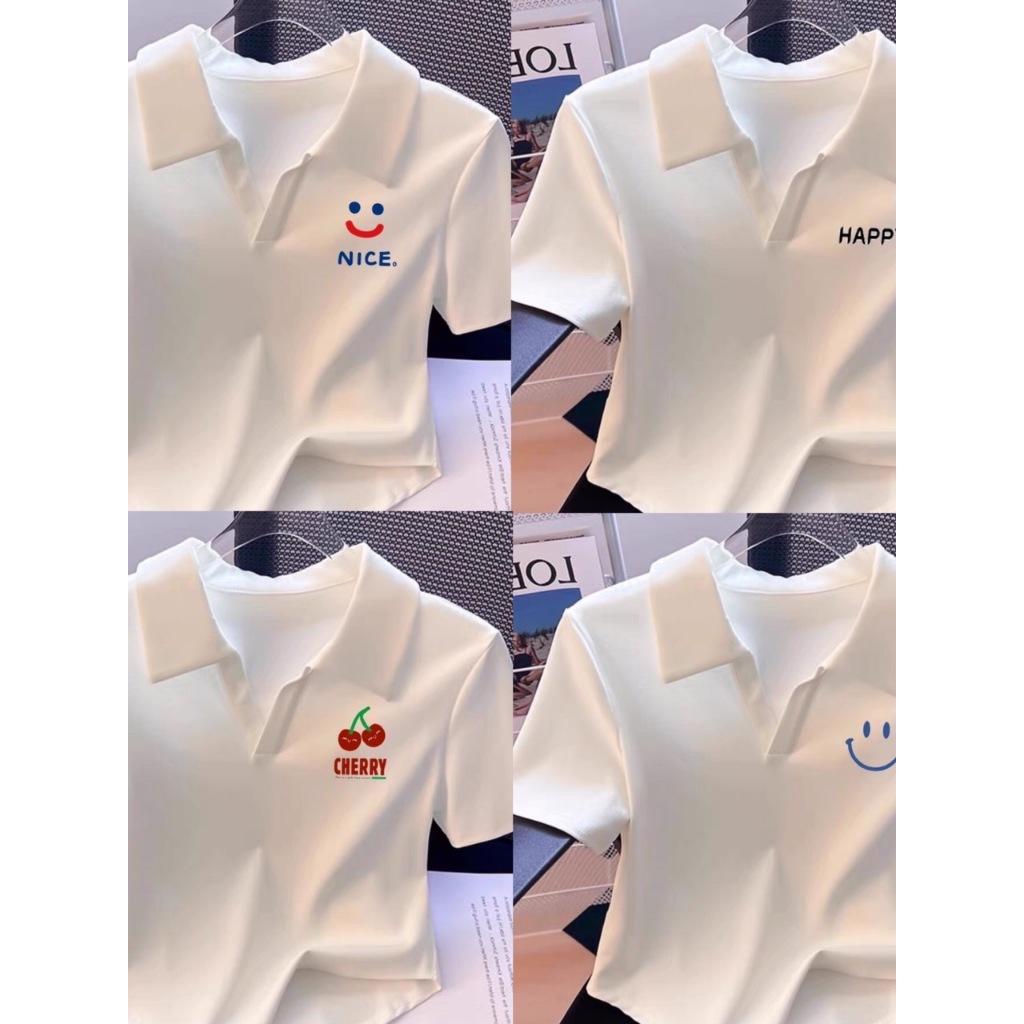 เสื้อครอป แขนสั้น คอปก คอวี  ทรงเอวเว้า ผ้าคอตตอน B815