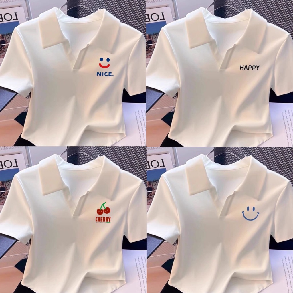 เสื้อครอปแขนสั้น คอวี คอปก ทรงเอวเว้า ผ้าคอตตอน B815 zone3
