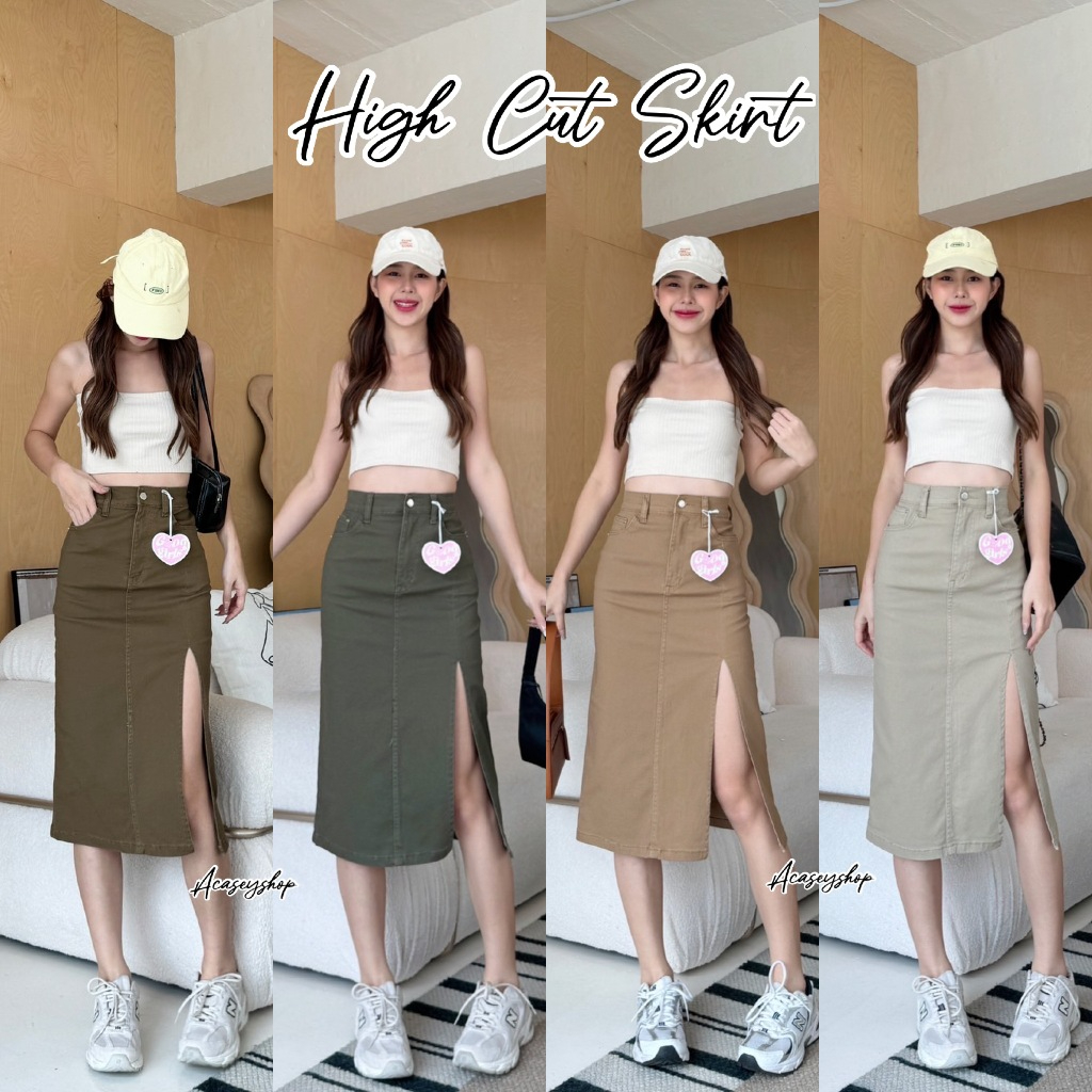 Acasey กระโปรง ตัวยาว ผ่าข้าง ผ่าสูง ผ้ายีนส์ยืด ใส่แล้วขายาว ไซส์ S - XL