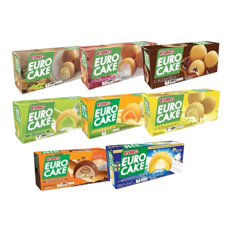 🥠Euro🥠 ยูโร่เค้ก คัสตาร์ดเค้ก ยกกล่อง 12 ห่อ คัสตาร์ด ใบเตย นมฮอกไกโด ช็อคโกแลต เมล่อน กล้วย สตอเบอร์รี่ อาหารว่าง ยูโร่