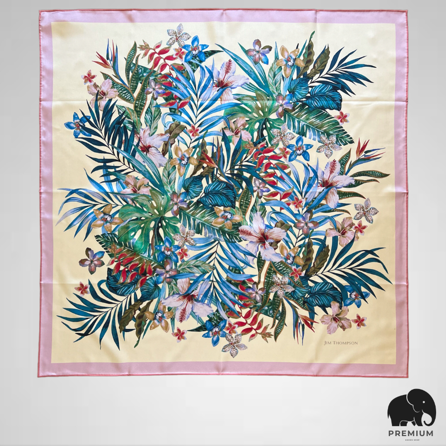 ผ้าพันคอผ้าไหม จิม ทอมป์สัน Silk scarf 33"x33" Jim Thompson ลายดอกไม้เหลืองอ่อน