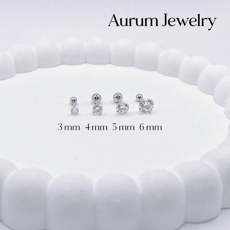 Aurum Jewelry: ต่างหูเงินแท้ เพชร cz กลม แป้นกลม / จิวหูเงินแท้ รุ่น Classy Silver (ราคาต่อ 1 คู่)