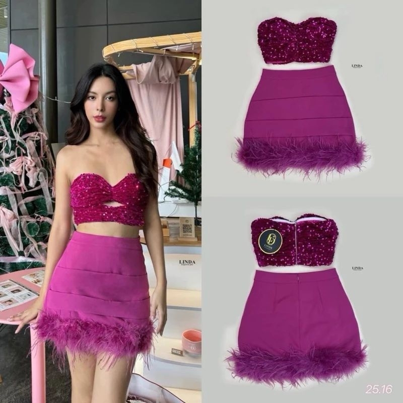 S M มือ1 LINDA ชุดเซ็ตเสื้อเกาะอกปักเลื่อม มาพร้อมกระโปรงสั้นแต่งชายขนนก ใส่สวยสุดๆ ป้าย LINDA