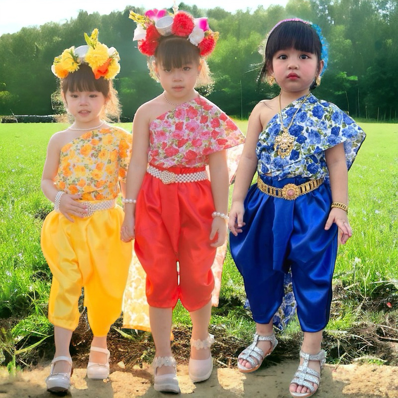 ชุดไทยเด็กผู้หญิง ชุดลายดอกสงกรานต์ ชุดไทยเข้าวัด