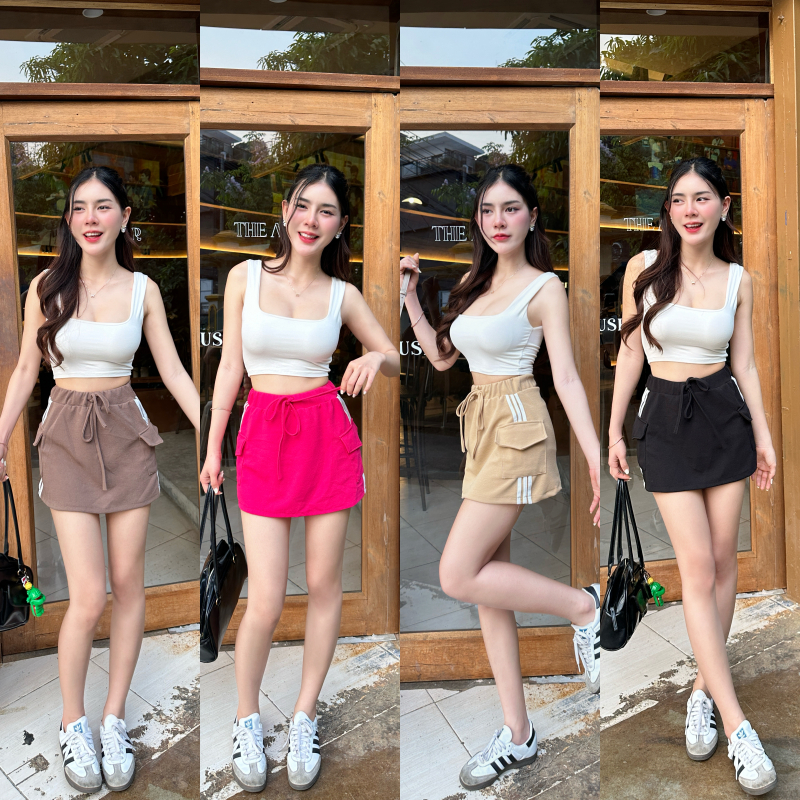 🌈SpinnyHouse🌈กระโปรงสั้นทรงคาร์โก้ แต่งแถบข้าง กระเป๋าใช้งานได้จริง 🎀 ตัวผ้าวูลเวฟยิดตามตัว สไตล์ y2k สุด รุ่น วิ๊งแซ่บ