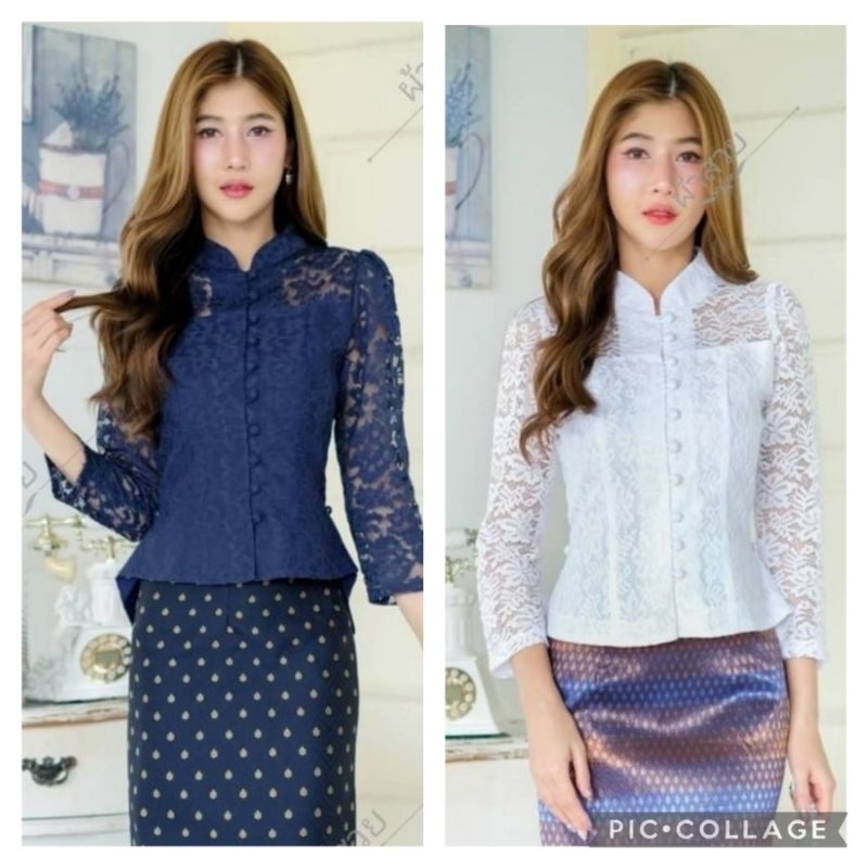 เสื้อลูกไม้คอจีนลูกไม้แขนยาว แต่งจีบด้านข้าง  32" - 46" เสื้อผ้าไหมไทยสำหรับผู้หญิง - Chinese Collar Long-Sleeve Blouse