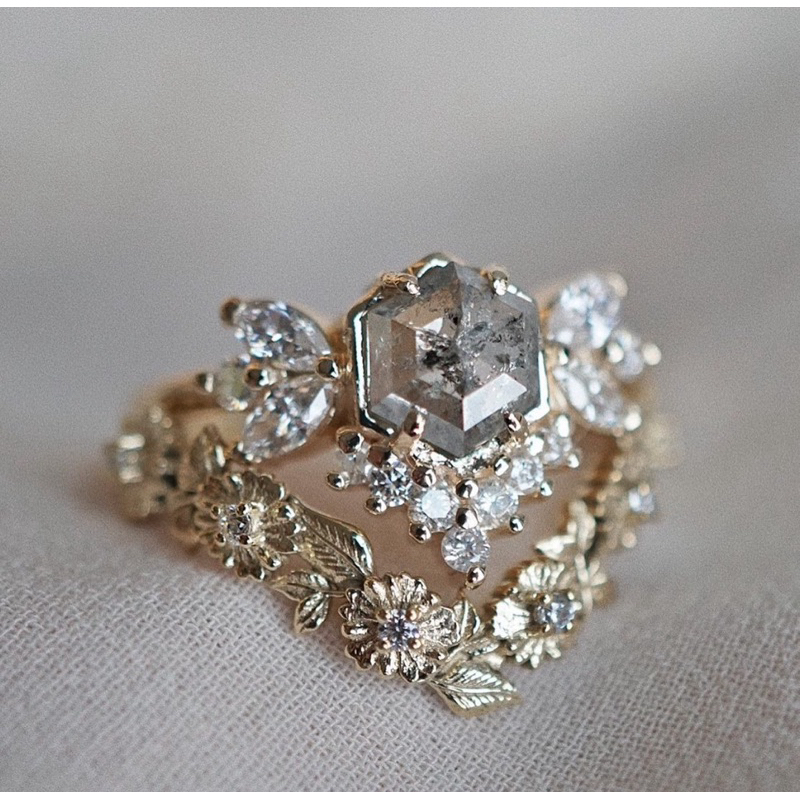 แหวน salt and pepper หินธรรมชาติความหมายดี S925 Gold 14K