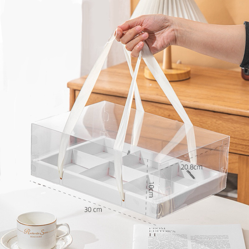 กล่องเค้กเหลี่ยม 4 ชิ้น 6 ชิ้น  กล่องขนม  กล่องเบเกอรี่ฐานขาวฝาครอบPVC หูหิ้ว (ชุด 5ใบ) BX3 - รูปที่ 6