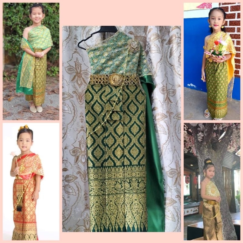 เขียวเข้มชุดไทยเด็ก3-10ปีสไบและผ้าถุงเป็นยางยืดมีให้เลือก8ขนาด ราคาไม่รวมเครื่องประดับ