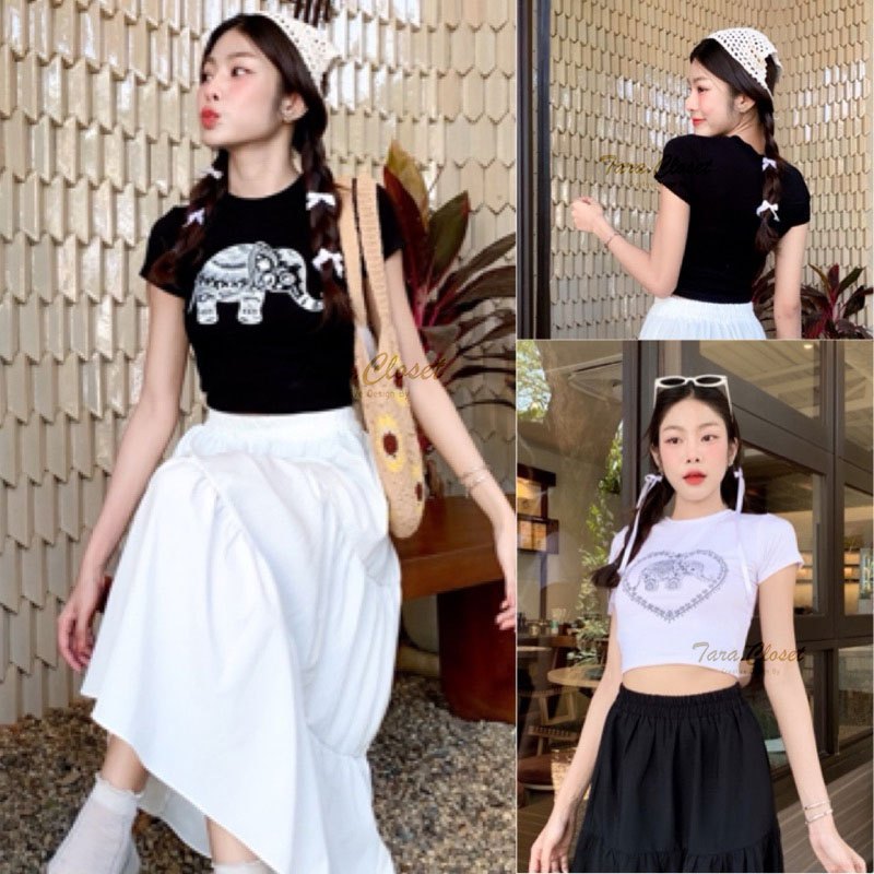 BA049 TARA T-Shirt เสื้อยืด เสื้อครอป คอกลม แขนสั้น สกรีนลายช้าง งานผ้าเรย่อน ผ้านิ่ม ใส่สบาย ไม่ร้อน