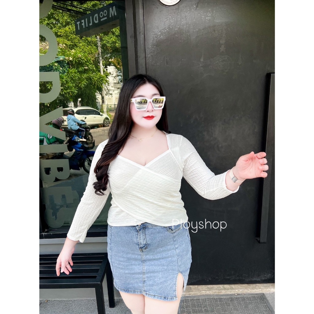 เสื้อสาวอวบ พร้อมส่ง เสื้อไขว่หน้าแขนยาว ผ้าท๊อฟฟี่ จ123