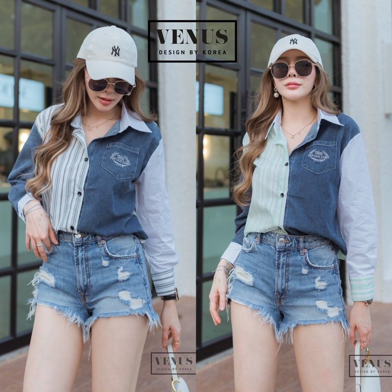 🌈🌿🌸🌺🌼💙🇰🇷 Jeans Patch Stripe Long Sleeve Shirt