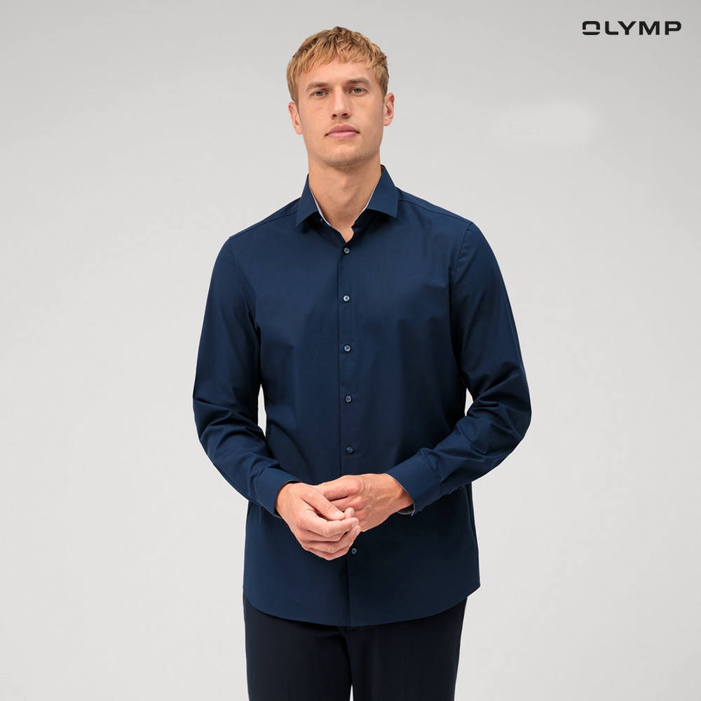 OLYMP 24/Seven Level Five Shirt เสื้อเชิ้ตปรับอุณหภูมิ ผ้าเรียบแต่งปก พอดีตัว ยืดหยุ่น (SUMMER24)