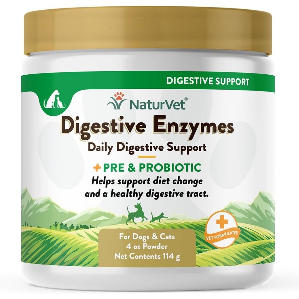 NaturVet Digestive Enzymes [ชนิดผง 114g] อาหารเสริมสุนัข-แมว เอมไซม์ช่วยย่อย ดูดซึมสารอาหาร เสริมระบบขับถ่าย