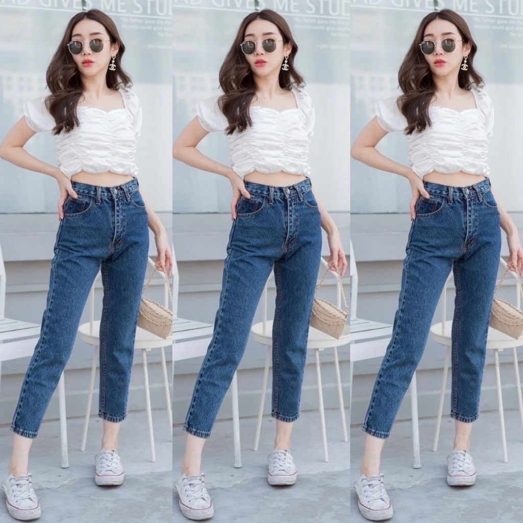 2NaraJeans กางเกงยีนส์ ทรงบอยเฟรน เอวสูง สไตล์วินเทจ ผ้าไม่ยืด สีเข้มฟอก