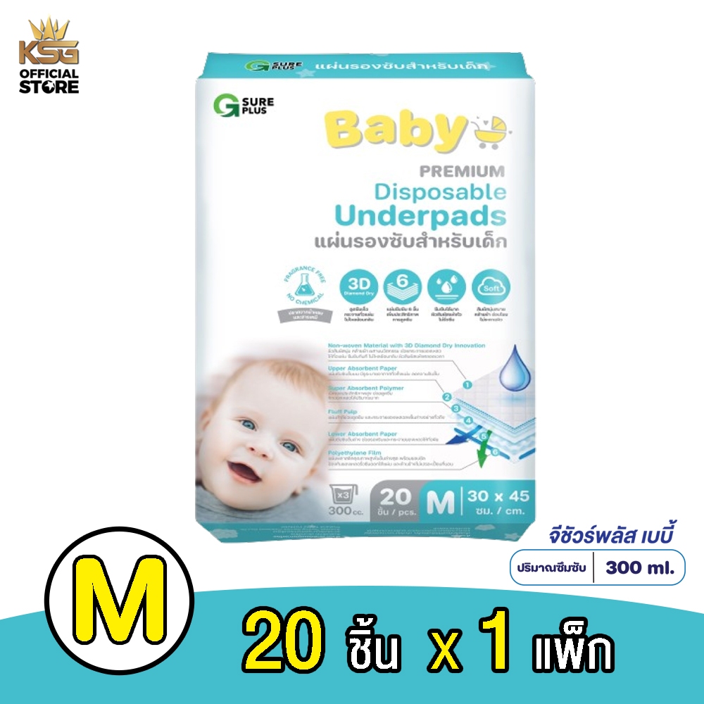 [KSG Official] จีชัวร์พลัส แผ่นรองซับ สำหรับเด็ก แผ่นกันเปื้อนปัสสาวะ แพ็ค 20 ชิ้น