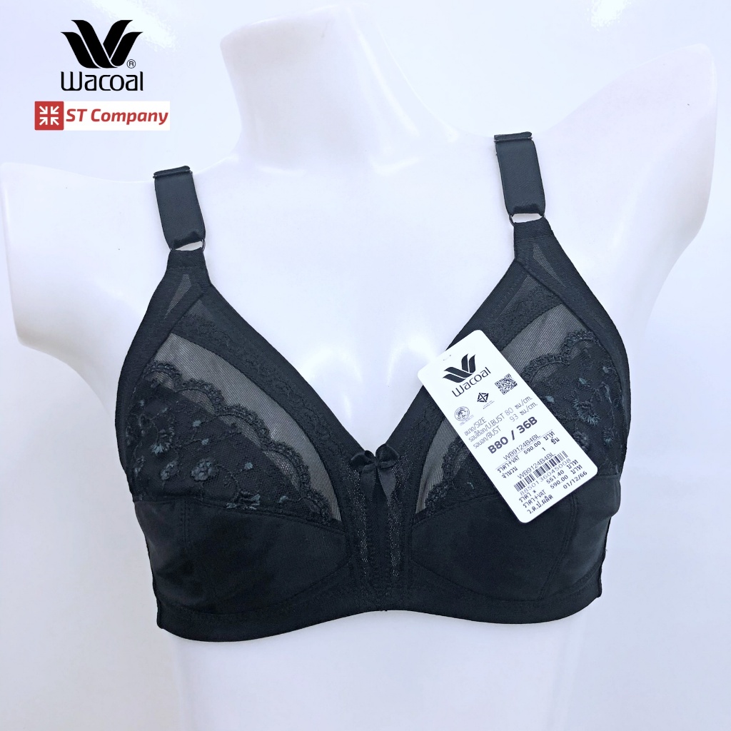 เสื้อใน Wacoal Basic Bra สีดำ (Black) รุ่น WB9124 บรา 4/5 cup ไร้โครง เสริมฟองบาง ลายลูกไม้ ชุดชั้นใน วาโก้ ไม่มีโครง