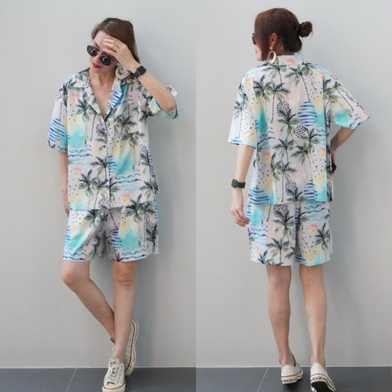 ชุดเซ็ต 2 ชิ้นลายกราฟฟิก เสื้อเชิ้ต แขนสั้น ทรงปล่อย ไซค์ใหญ่ใส่สบายมากค่ะ