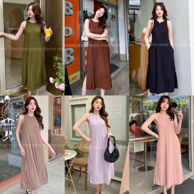 KORRA ·͜·♡ เดรสคอกลมผ้าท็อฟฟี่🩵ใส่แล้วหุ่นดีมากก มีกระเป๋าล้วง2ข้างผ่าข้างให้เดินสบายๆ เก๋มากๆๆชุดเด