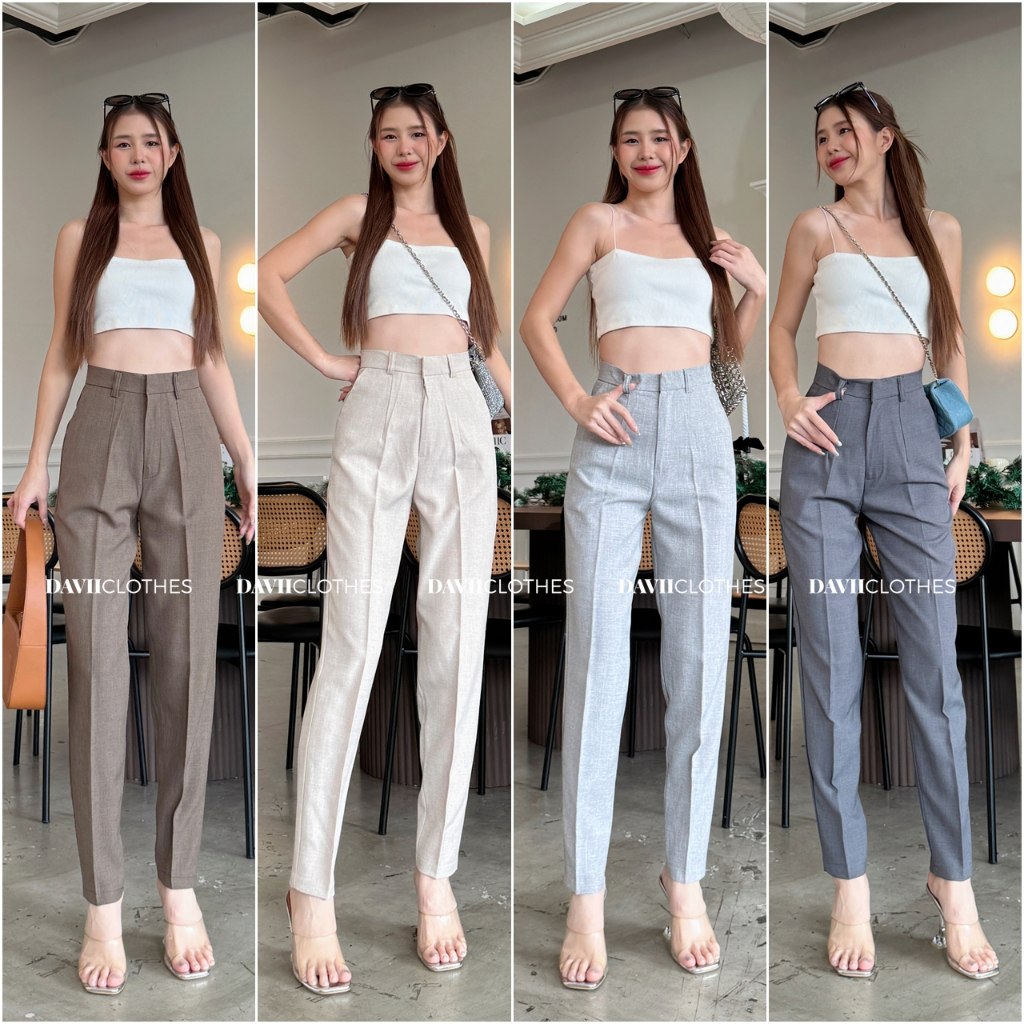 Davii.G026 | Cowie - กางเกงทรงบอย ขากระบอกเล็กเอวสูง ตะขอหน้า มีหู #ผ้าโควี่(Cotton Slave) /Tag : DAVII CLOTHES