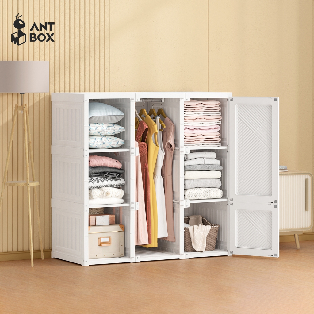ANTBOX ตู้เสื้อผ้า 9 ช่อง ขนาด 120cm สีขาว ชั้นใส่เสื้อผ้า เอนกประสงค์ พลาสติกแข็ง พับเก็บได้ ประหยัดพื้นที่ ประกอบง่าย