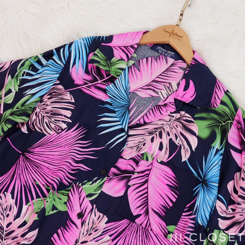 เสื้อฮาวาย lll Freesize lll ZO095 แขนสั้น ทรงโอเวอร์ไซร์ ปกฮาวาย ลายมอสสเตอร่า เนื้อผ้าไหมอิตาลี ผ้าดี ใส่สบาย ไม่ร้อน