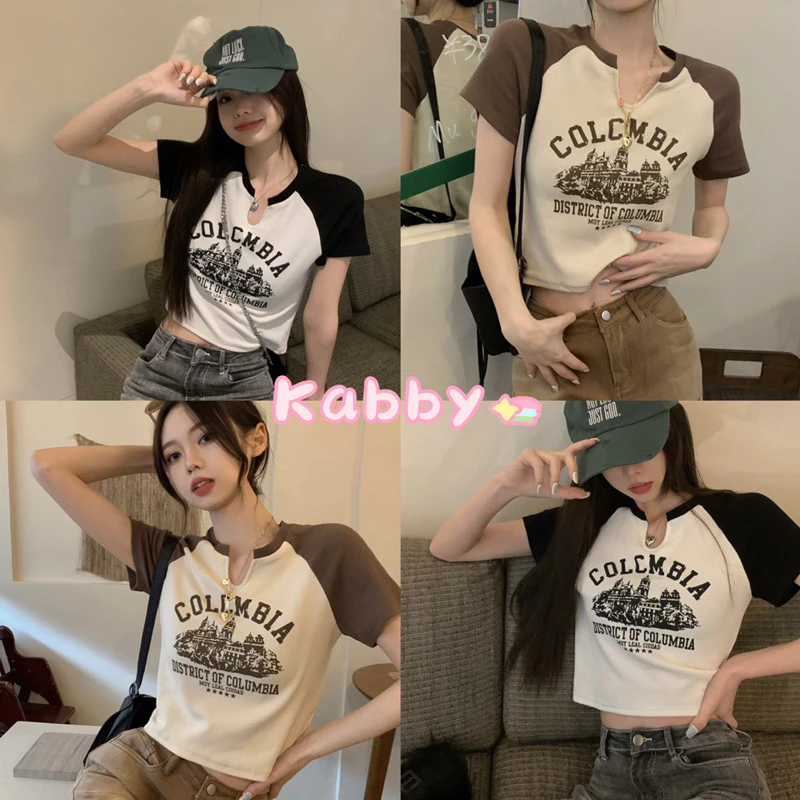 พร้อมส่ง🖤 เสื้อครอปเเขนสั้น คอกลม ดีเทล u COLOMBIA น่ารัก ใส่สบาย
