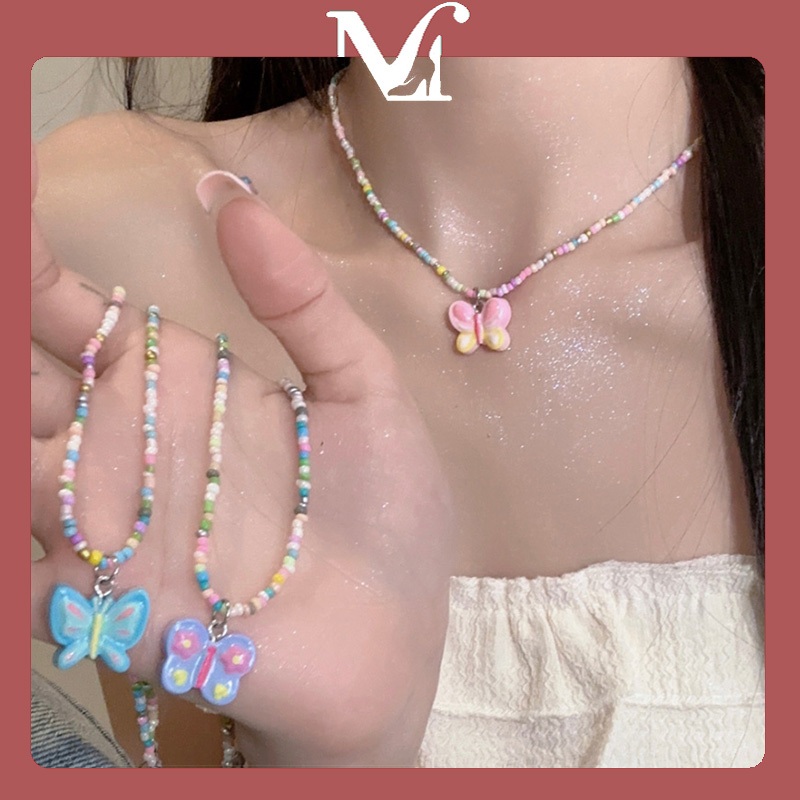 MOYENNE สร้อยคอลูกปัดผีเสื้อแสนหวาน การ์ตูนน่ารัก สร้อยคอแฟชั่น มีหลายสีให้เลือก