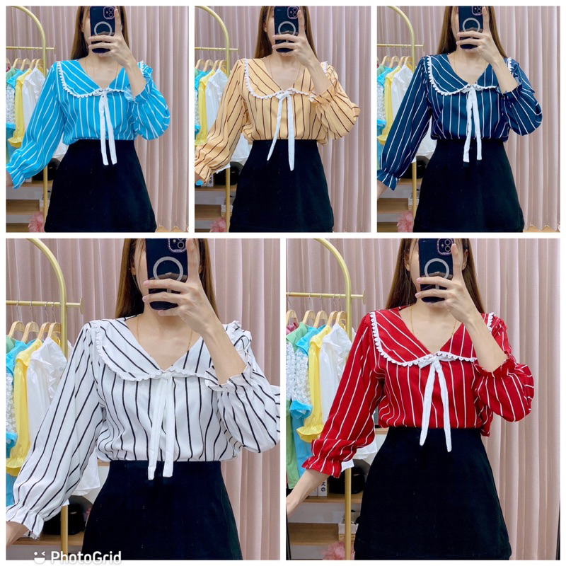 เสื้อลายทางริ้วเล็กคอบัวปกแต่งลูกไม้ สายขาว เเขนยาว