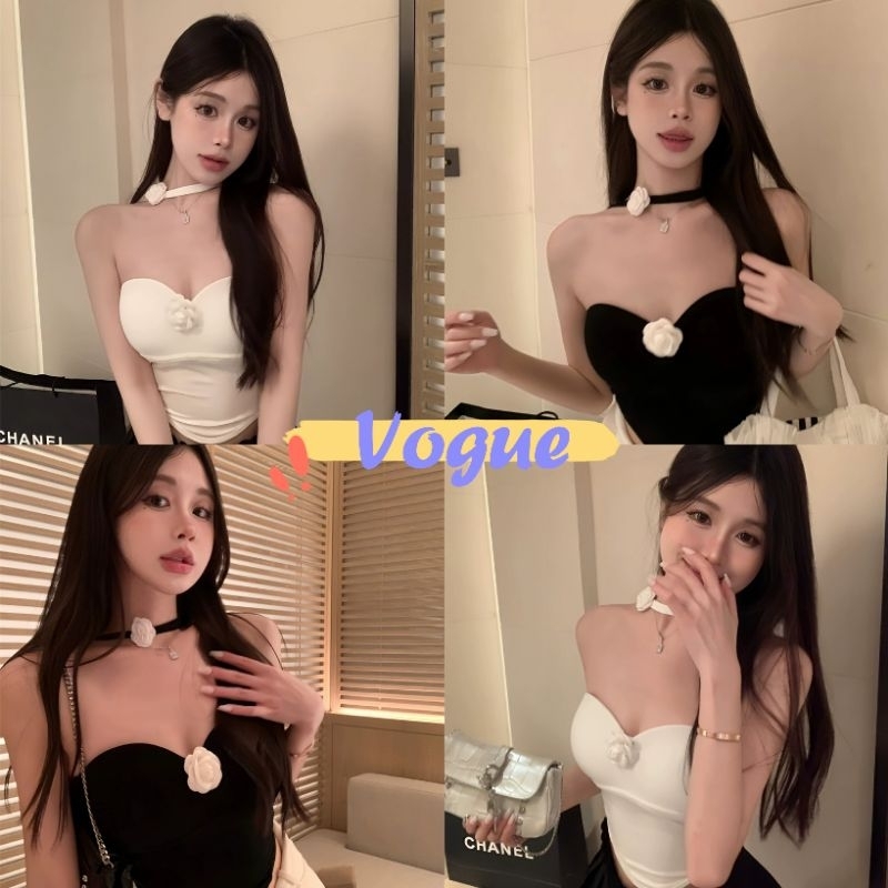 Vogue🌟พร้อมส่ง🌟 เสื้อเกาะอก สีเหลือง ผ้าไหมพรม ใส่สบายน่ารักคาวาอี้ (M1096)
