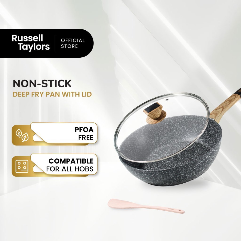 Russell Taylors กระทะเคลือบหินอ่อน ก้นลึก ไม่ติดกระทะ ใช้ได้กับเตาทุกประเภท Nonstick Marble Coated Deep Fry Pan 28CM