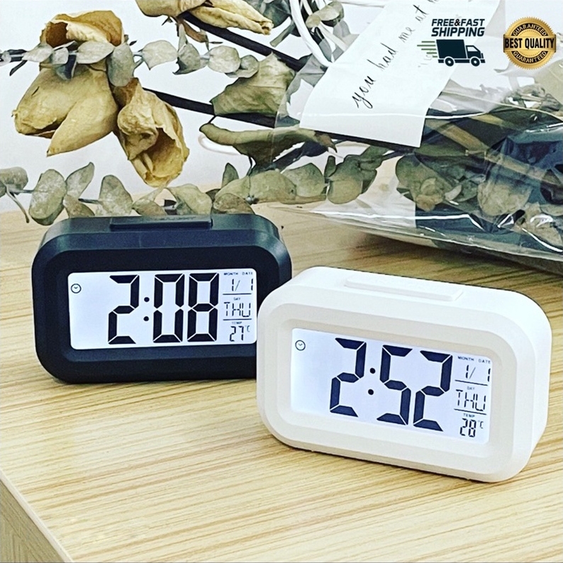นาฬิกาดิจิตอล นาฬิกาปลุก LCD อัจฉริยะ นาฬิกาตั้งโต๊ะพร้อม อุณหภูมิ เลื่อนปลุก ปฏิทิน ไฟพื้นหลัง นาฬิกาปลุกปิดเสียงหน้าจอ - รูปที่ 3