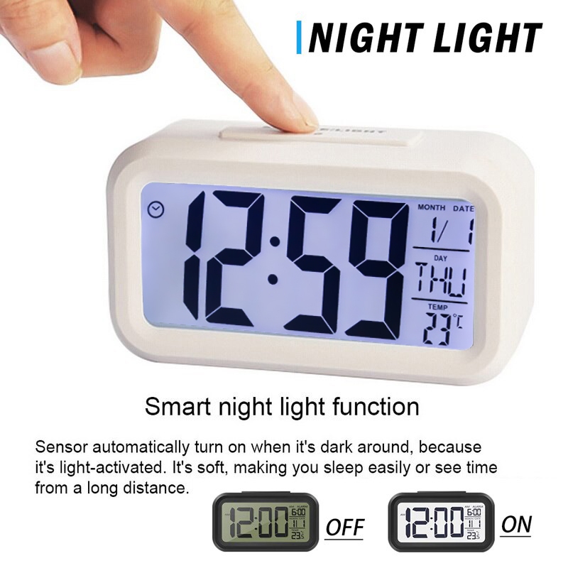 นาฬิกาดิจิตอล นาฬิกาปลุก LCD อัจฉริยะ นาฬิกาตั้งโต๊ะพร้อม อุณหภูมิ เลื่อนปลุก ปฏิทิน ไฟพื้นหลัง นาฬิกาปลุกปิดเสียงหน้าจอ - รูปที่ 5