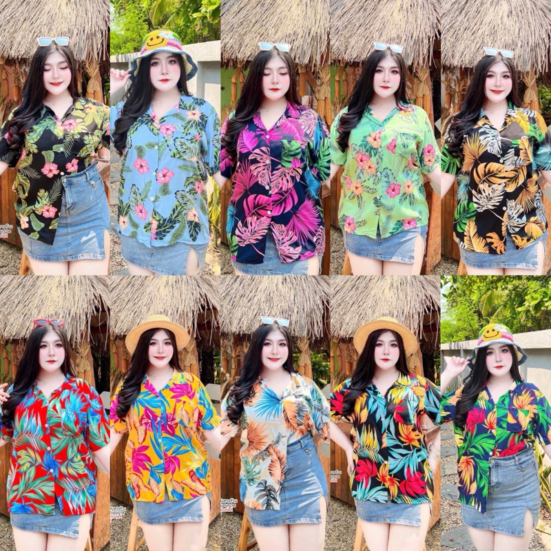 สาวอวบ เสื้อสาวอวบ เสื้อเชิ้ต ฮาวาย คอปก แขนสั้น สงกานต์ ลายใบไม้ ลายดอก มี 3 ไซต์ อก 36 38 40 42 44 46 48 50 52