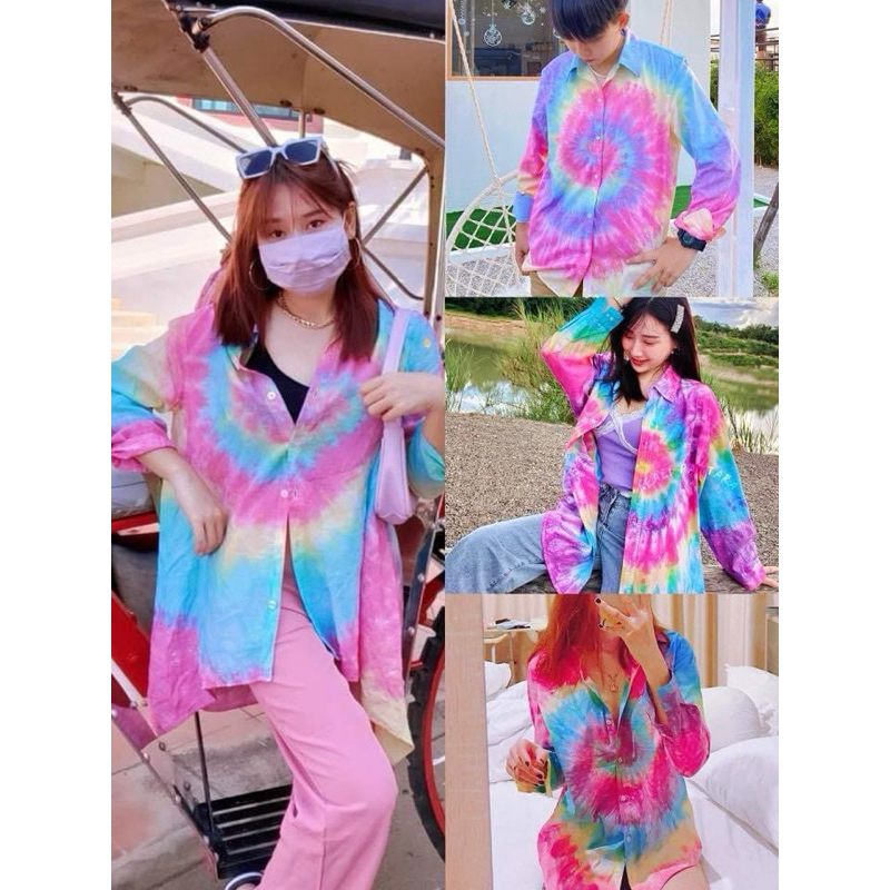 เสื้อมัดย้อมแฟชั่น สีรุ้งพาสเทล สดใสสีไม่ตก เสื้อสงกรานต์ ชุดไปทะเล