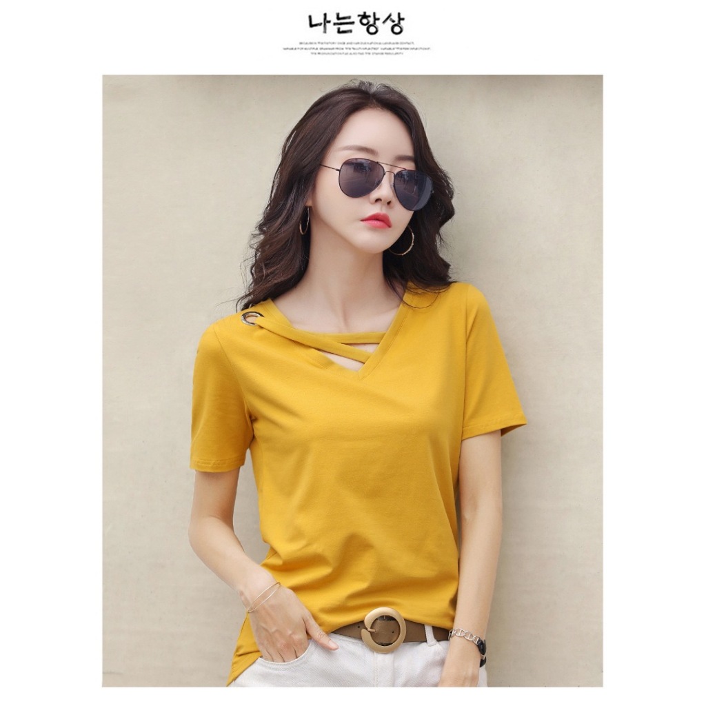 เสื้อยืดแฟชั่นผู้หญิง แขนสั้น คอวี สีพื้น ผ้านิ่ม สวมใส่บาย - รูปที่ 3