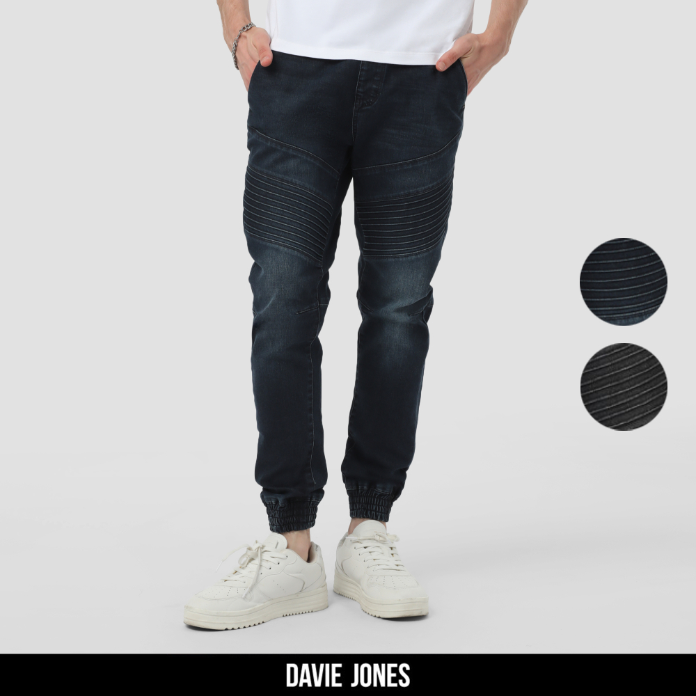 DAVIE JONES กางเกงจ็อกเกอร์ ยีนส์ เอวยางยืด Elastic Waist Denim Joggers GP0145 สีกรม ดำ