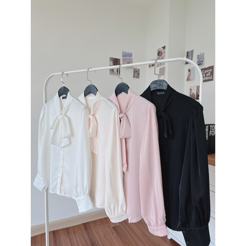 [Make your Clothes] Signature satin shirt เชิ้ตซาตินเกาหลี ผูกโบว์ ราคา ถูกที่สุด ดีลบีเคเค รูปภาพหลัก