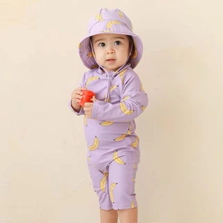 [ พร้อมส่ง ] ชุดว่ายน้ำเด็ก+ หมวก น่ารัก ใส่สบาย ป้องกันแสงแดด ลาดลายน่ารัก