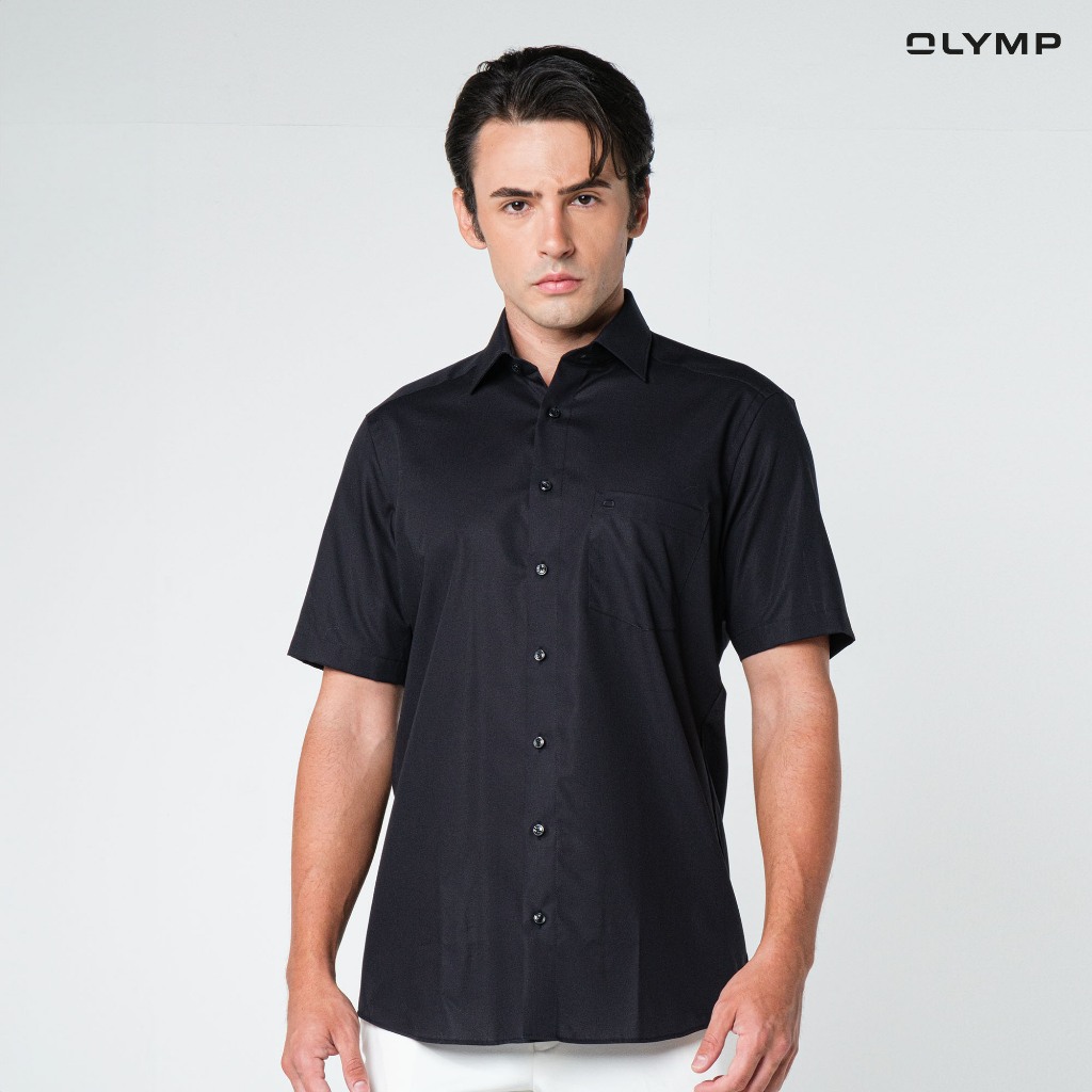 OLYMP LUXOR Shirt เสื้อเชิ้ตชาย แขนสั้นสีดำ ผ้าเรียบ ทรงหลวม ใส่สบาย รีดง่าย