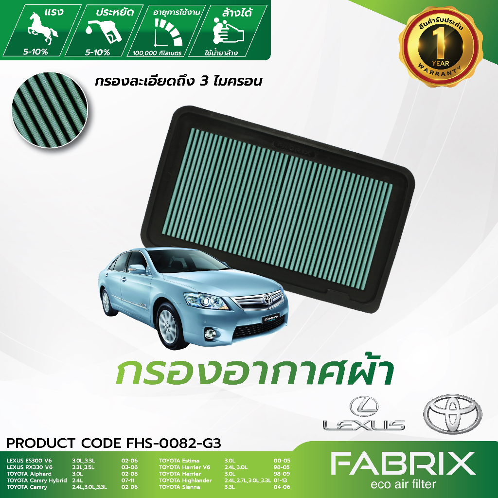 FABRIX กรองอากาศรถยนต์ Lexus, Toyota ( ES300 RX330 Alphard Camry Hybrid Estima Harrier Highlander Sienna ) FHS-0082-G3