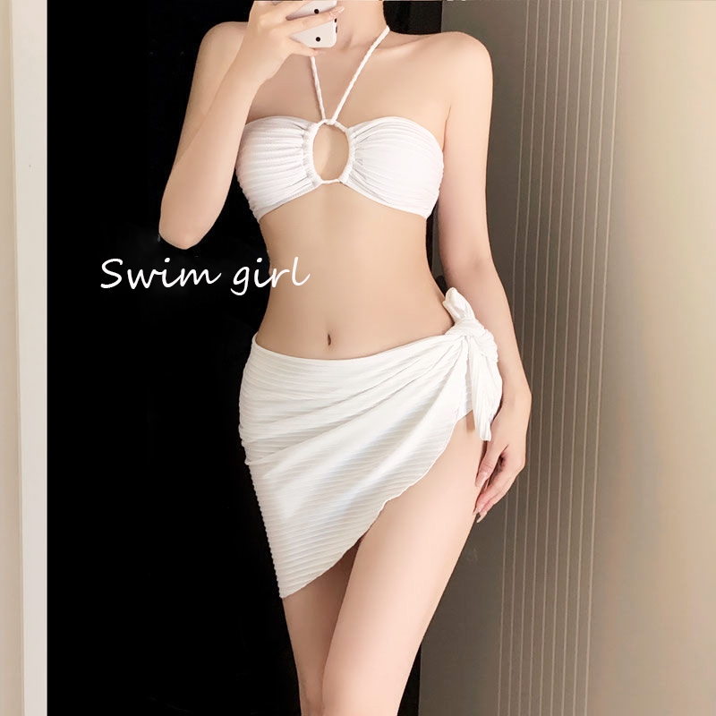 swim girlชุดว่ายน้ำ3ชิ้น ชุดว่ายน้ำหญิง บิกินี่ ผูกคอ มีฟองน้ำ ผ้าเนื้อดี#0249