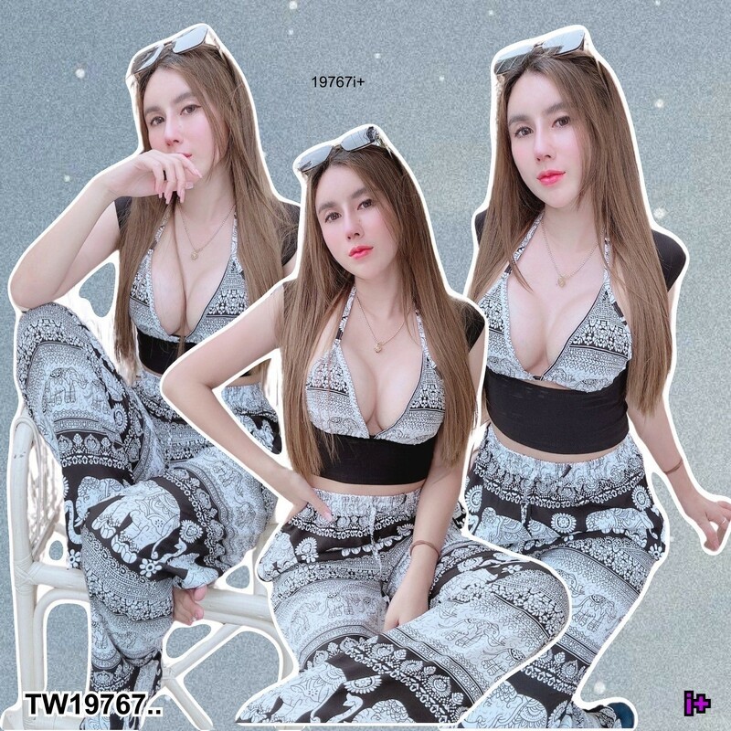 Set 3 ชิ้น เสื้อบราผูกคอ + ่เสื้ออกเว้า + กางเกงขายาว NL19767