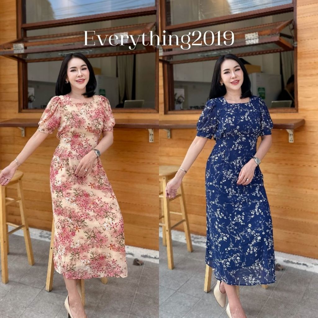 Everything2019 (637) เดรสคอเหลี่ยมยาวผูกโบว์หลังสาวอวบใส่ทำงาน
