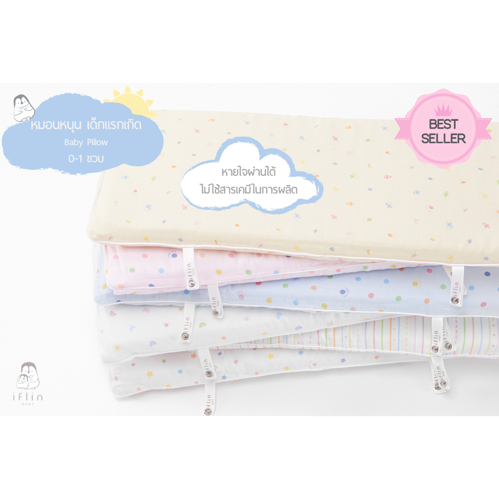 Iflin Baby - หมอนหนุน + ปลอก (หายใจผ่านได้) สำหรับ เด็กแรกเกิด (0-1 ขวบ) - Breathable Baby Pillow