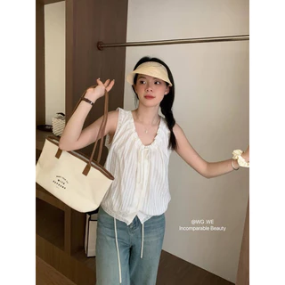 📍พร้อมส่ง📍7513 เสื้อแขนกุด ลายผ้าสวย ติดกระดุมหน้า มีเชือกผูกโบว์ TAG WG.WE 🇰🇷