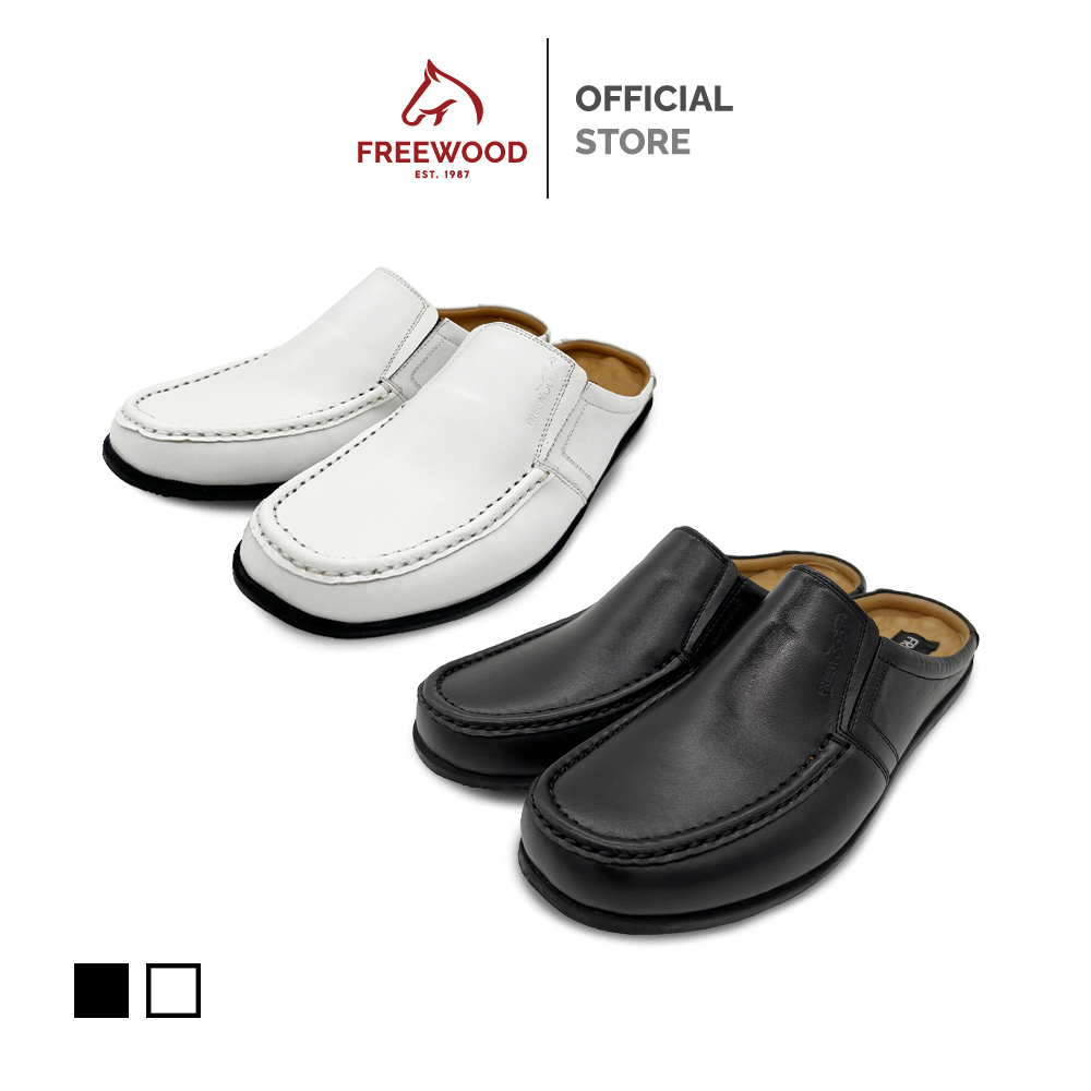 FREEWOOD OPEN HEEL CASUAL SHOES รองเท้าลำลองผู้ชาย หนังแท้ แบบเปิดส้น รุ่น 68-5411 สีดำ / สีขาว ( BLACK / WHITE )