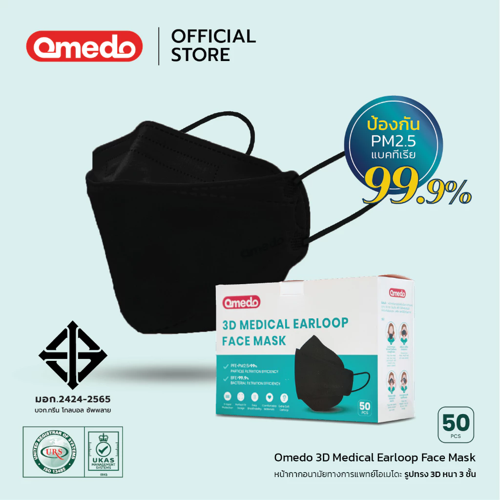[Official Store]Omedo 3D Medical Face Mask สีดำ มอก.ระดับที่ 2 รูปทรง 3D หนา 3 ชั้น บรรจุ 50 ชิ้น