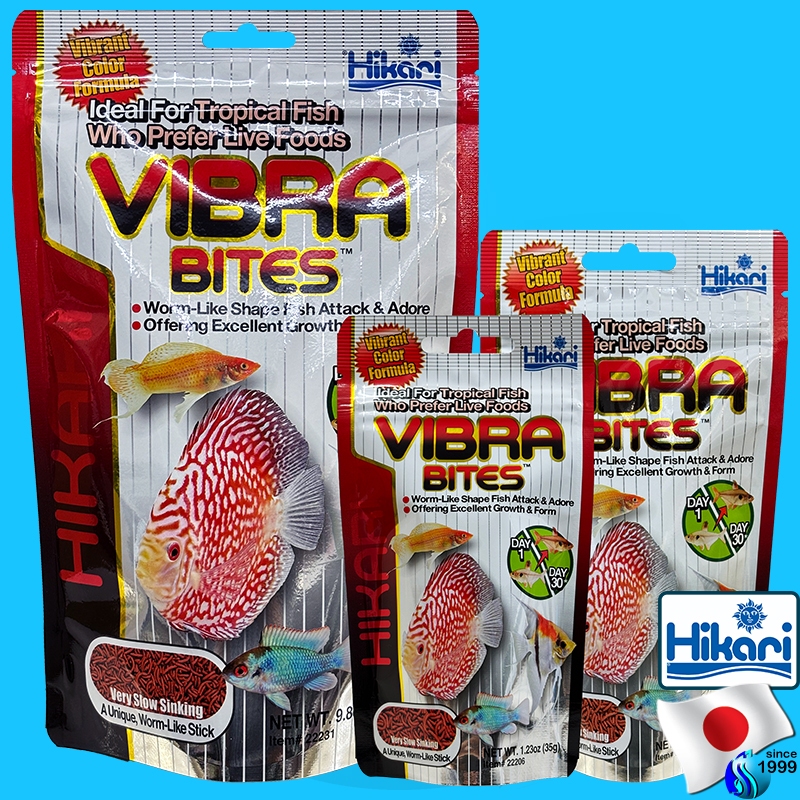 Hikari VibraBites 35g / 73g / 280g อาหารปลาเร่งสีสด รูปทรงหนอนแดง เหมาะกับปลาขนาดกลาง อาหารปลาปอม discus food chiclid
