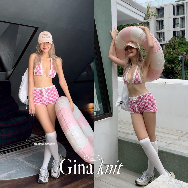 ICEBLINK l Gina knit Bikini บิกินี่ผ้าไหมพรมถัก กางเกงขาสั้นลายสก็อตสีชมพู
